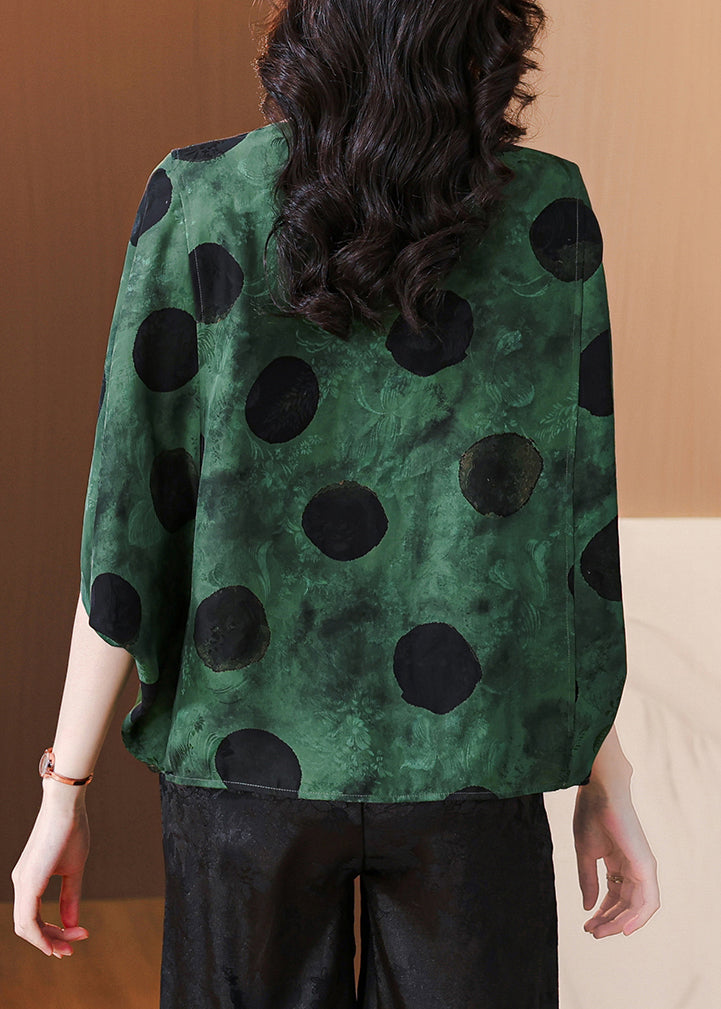 Loose Green O Neck Print Silk Shirts Batwing Sleeve