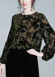 Loose Green O Neck Print Silk Velour Tops Winter