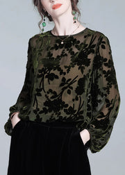 Loose Green O Neck Print Silk Velour Tops Winter