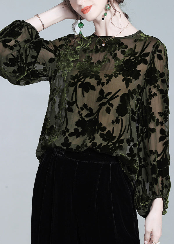 Loose Green O Neck Print Silk Velour Tops Winter