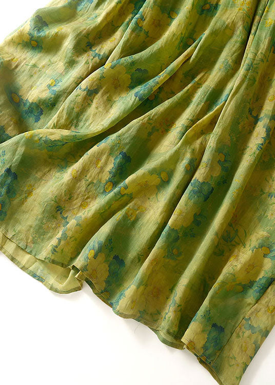 Loose Green O Neck Print Wrinkled Patchwork Linen Dress Summer