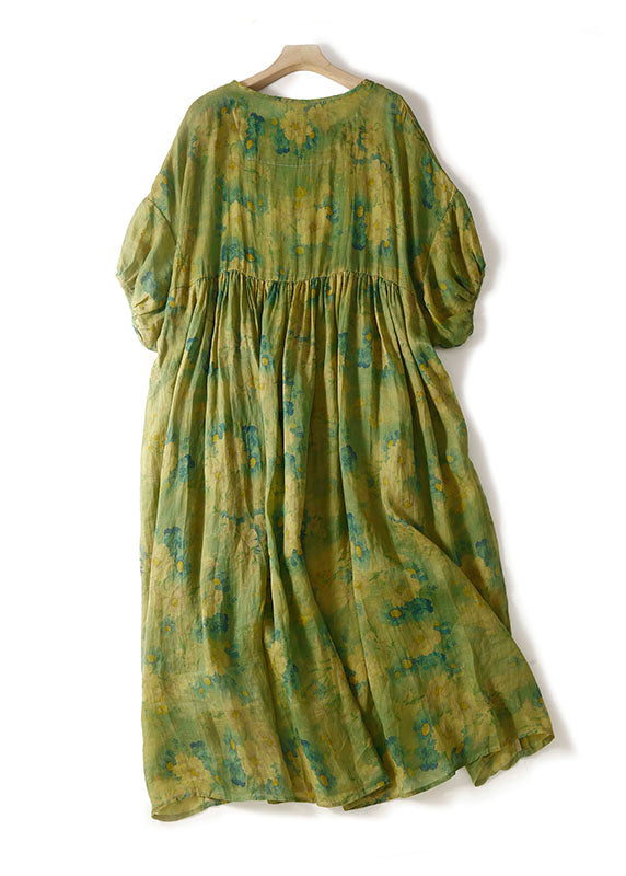 Loose Green O Neck Print Wrinkled Patchwork Linen Dress Summer