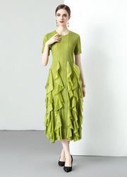 Loose Green O-Neck Ruffled Patchwork Chiffon Long Dresses Summer