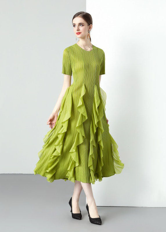 Loose Green O-Neck Ruffled Patchwork Chiffon Long Dresses Summer