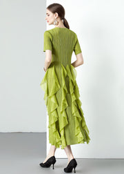 Loose Green O-Neck Ruffled Patchwork Chiffon Long Dresses Summer