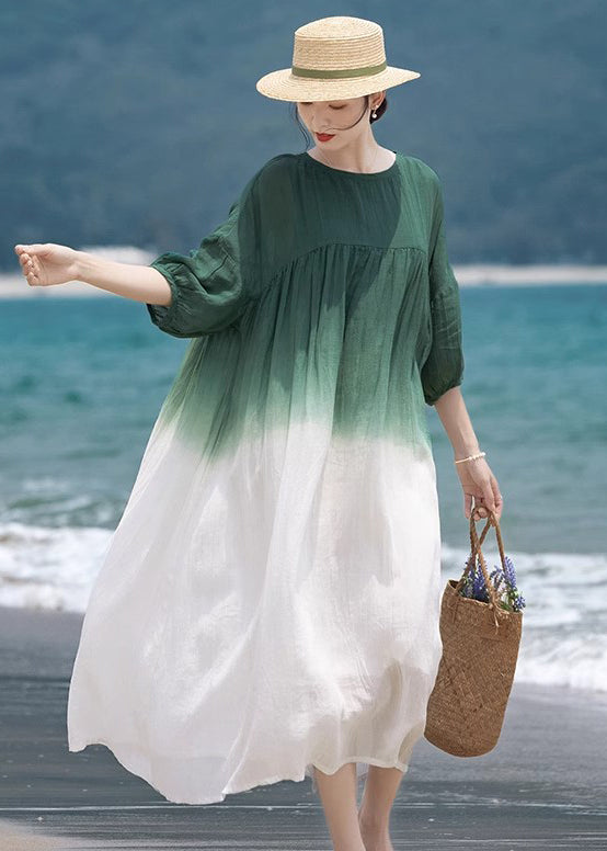 Loose Green O-Neck Wrinkled Patchwork Cotton Dress Half Sleeve