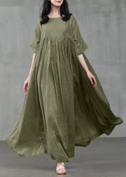 Loose Green Patchwork Wrinkled Linen Maxi Dress Short Sleeve