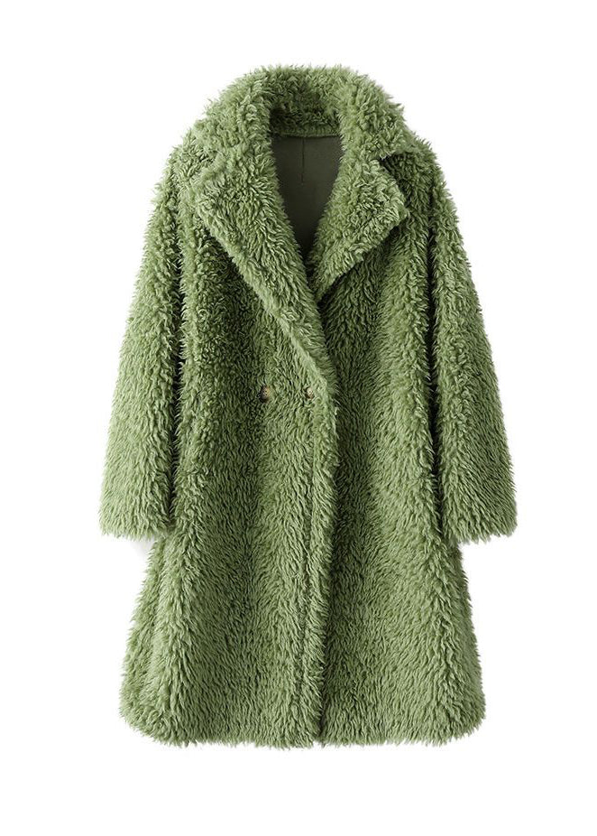 Loose Green Peter Pan Collar Button Long Faux Fur Coat Winter