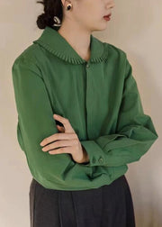 Loose Green Peter Pan Collar Button  Cotton Blouses Fall