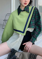 Loose Green Peter Pan Collar Patchwork Button Fake Two Pieces Sweatshirt Spring