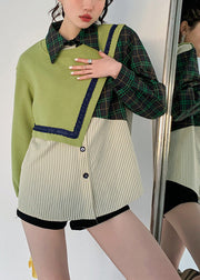 Loose Green Peter Pan Collar Patchwork Button Fake Two Pieces Sweatshirt Spring