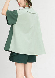 Loose Green Peter Pan Collar Print Button Cotton Shirt Short Sleeve