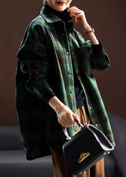 Loose Green Plaid Button Patchwork Woolen Shirt Spring