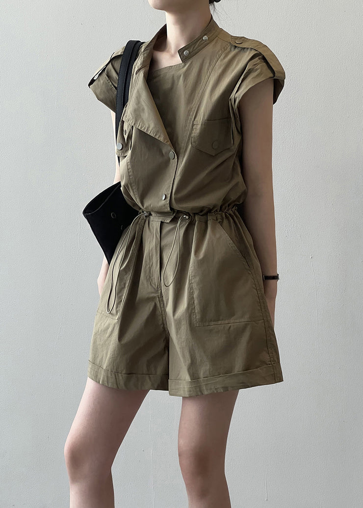 Loose Green Pockets Drawstring Linen Jumpsuit Summer