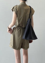 Loose Green Pockets Drawstring Linen Jumpsuit Summer