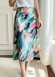 Loose Green Print High Waist Silk Skirt Summer