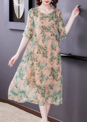 Loose Green Print O Neck High Waist Chiffon Dress Half Sleeve