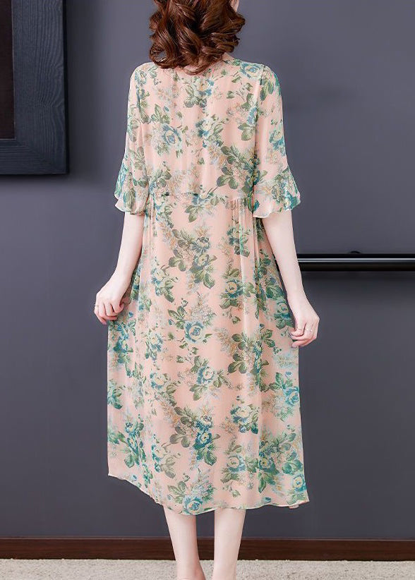 Loose Green Print O Neck High Waist Chiffon Dress Half Sleeve