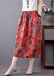 Loose Green Print Pockets Elastic Waist Cotton Skirt Summer