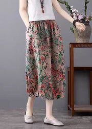 Loose Green Print Pockets Elastic Waist Cotton Skirt Summer