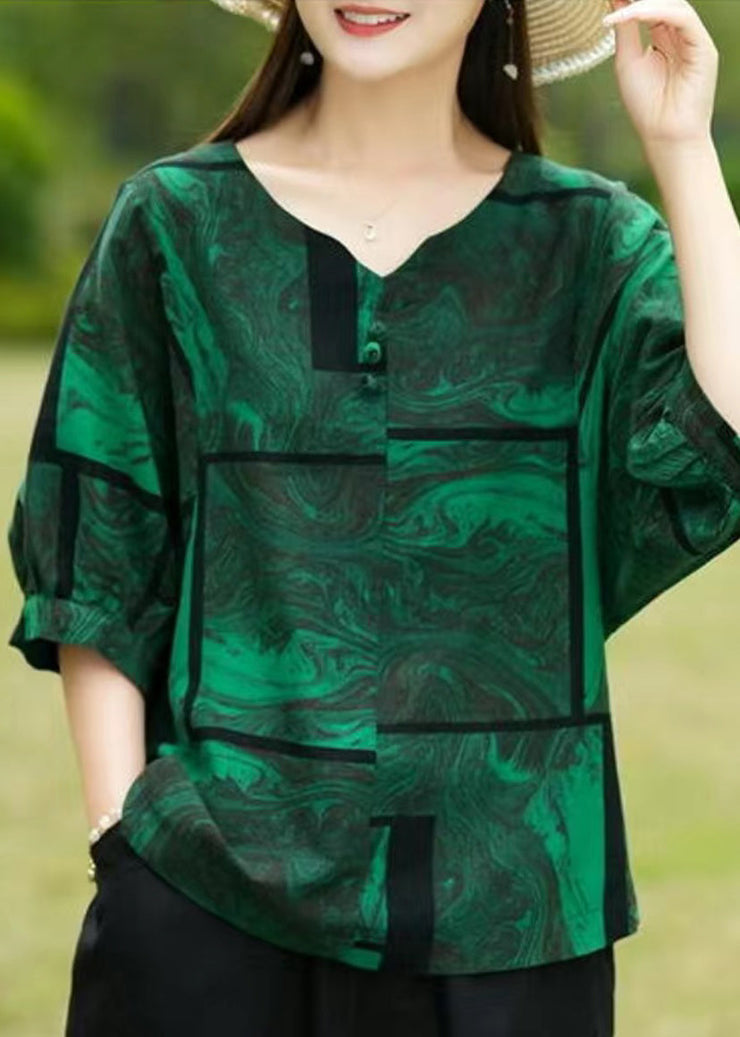 Loose Green Print Top Half Sleeve