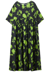 Loose Green Print Wrinkled Cotton Maxi Dresses Summer