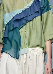 Loose Green Ruffled Asymmetrical Patchwork Cotton Top Summer