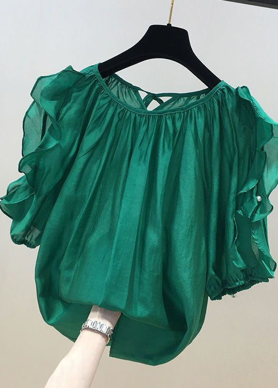 Loose Green Ruffled Patchwork Chiffon Shirt Tops Summer