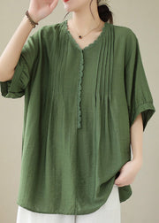 Loose Green Ruffled Patchwork Linen Top Short Sleeve