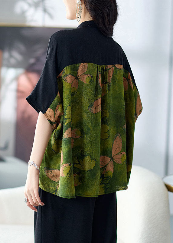 Loose Green Stand Collar Button Print Patchwork Silk Shirts Tops Summer