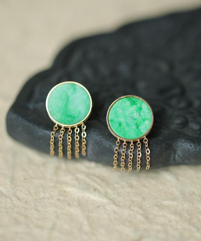 Loose Green Sterling Silver Overgild Jade Tassel Stud Earrings