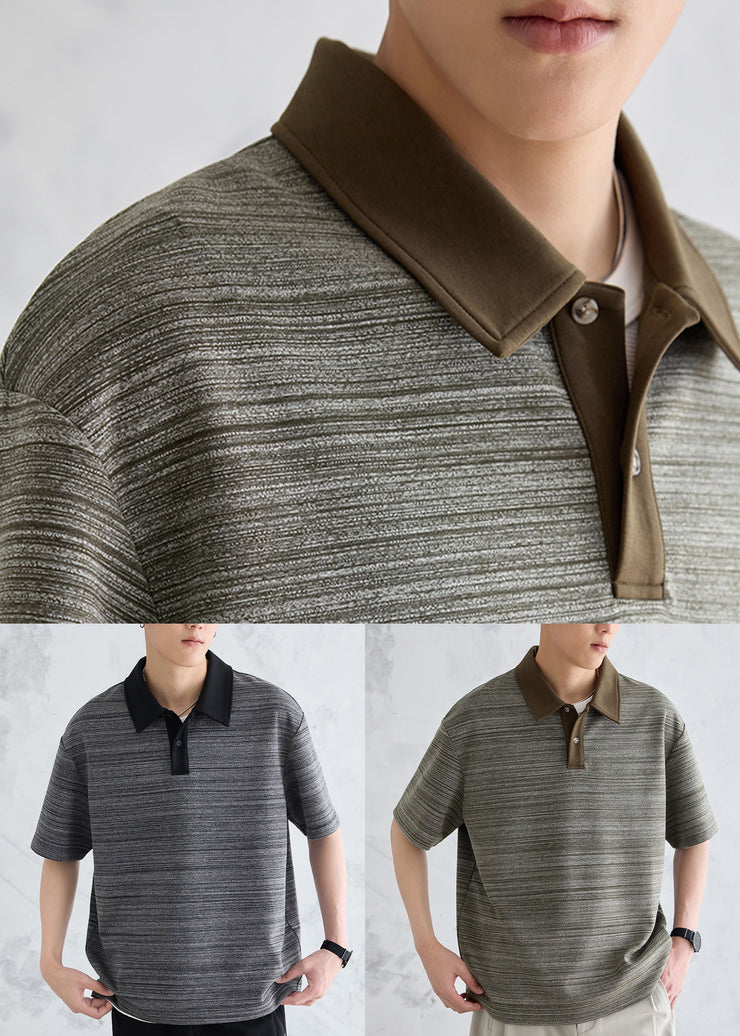 Loose Green Striped Button Cotton Men Polo Shirt Short Sleeve