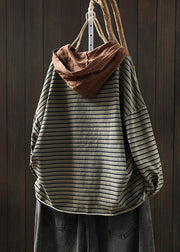 Loose Green Striped Hooded Patchwork Cotton Blouse T Shirt Fall