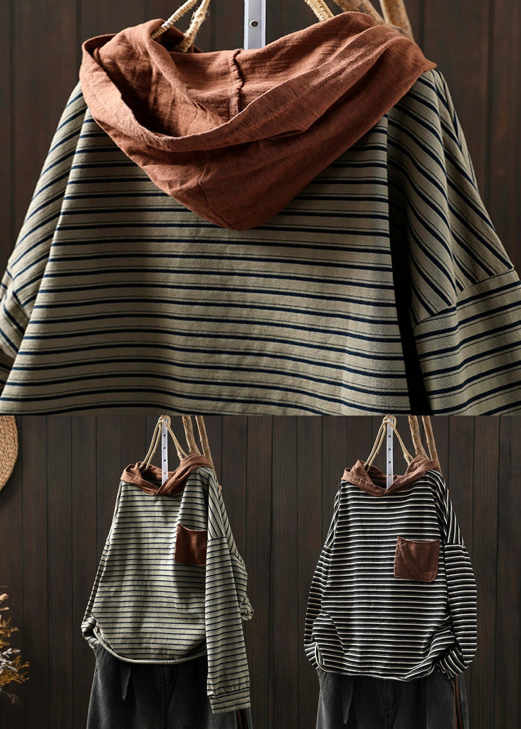 Loose Green Striped Hooded Patchwork Cotton Blouse T Shirt Fall