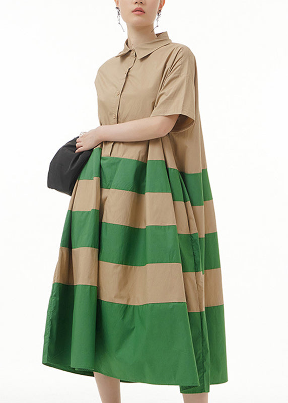 Loose Green Striped Patchwork Cotton Maxi Dresses Short Sleeve