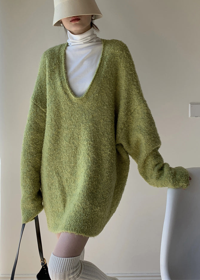 Loose Green Sweaters And Turtleneck Tank Knit Two Piece Set Winter