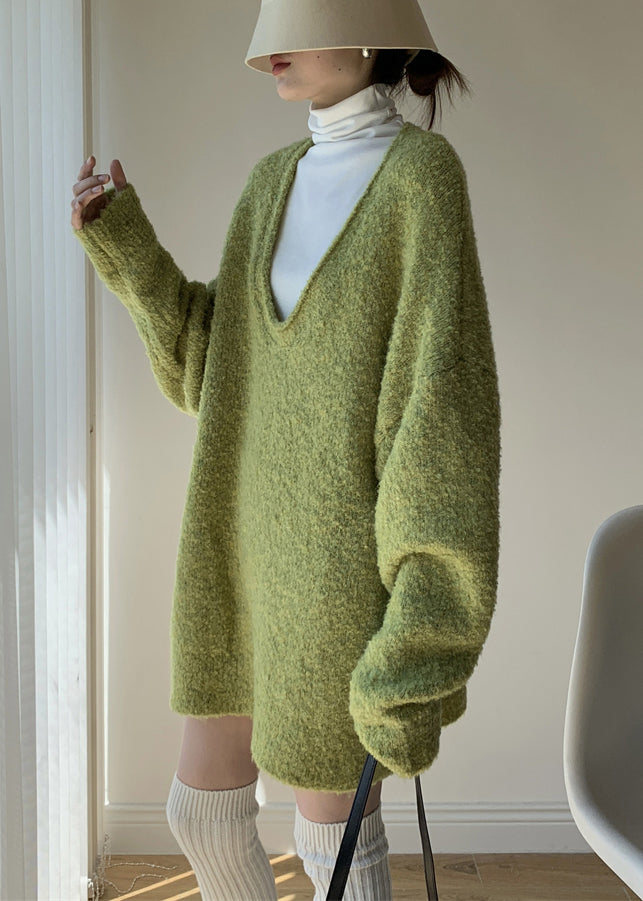 Loose Green Sweaters And Turtleneck Tank Knit Two Piece Set Winter