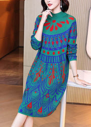 Loose Green Turtleneck Print Cotton Knit Dress Long Sleeve