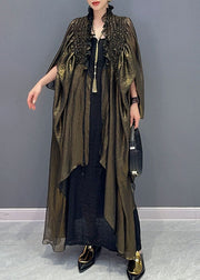 Loose Green V Neck Asymmetrical Ruffled Patchwork Wrinkled Long Dress Fall