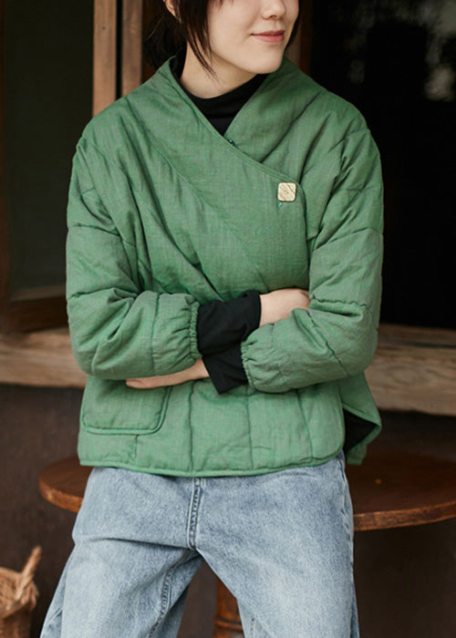 Loose Green V Neck Button Cotton Filled Coats Long Sleeve