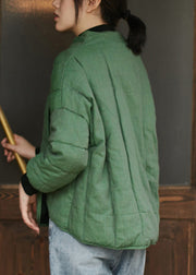 Loose Green V Neck Button Cotton Filled Coats Long Sleeve