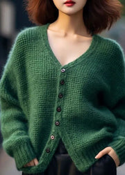 Loose Green V Neck Button Patchwork Cotton Knit Top Spring