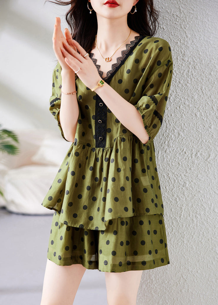 Loose Green V Neck Dot Wrinkled Cotton Two Pieces Set Summer