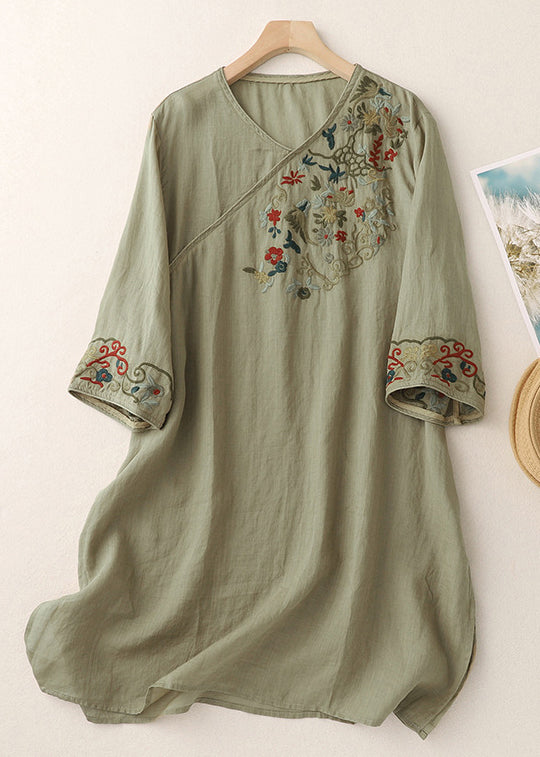 Loose Green V Neck Embroidered Side Open Cotton Mid Dress Half Sleeve