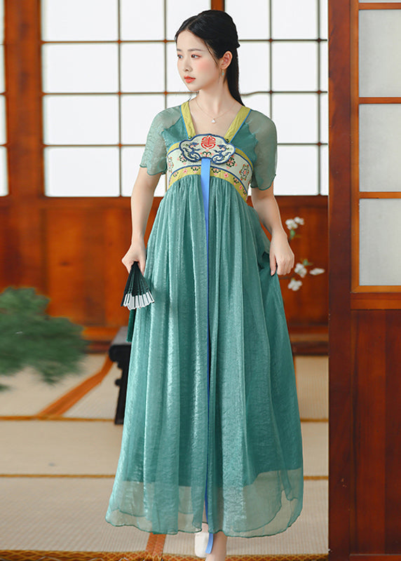 Loose Green V Neck Embroideried Patchwork Chiffon Dress Summer