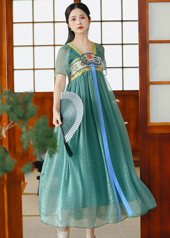 Loose Green V Neck Embroideried Patchwork Chiffon Dress Summer