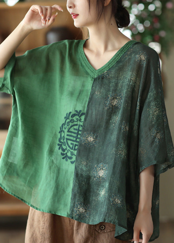 Loose Green V Neck Embroideried Ramie Tops Summer