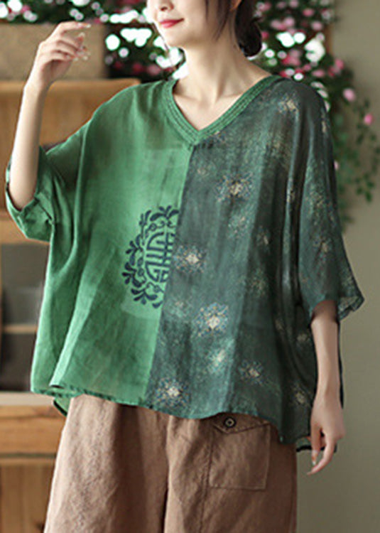 Loose Green V Neck Embroideried Ramie Tops Summer