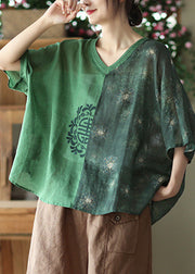 Loose Green V Neck Embroideried Ramie Tops Summer