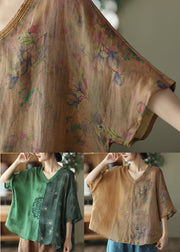 Loose Green V Neck Embroideried Ramie Tops Summer